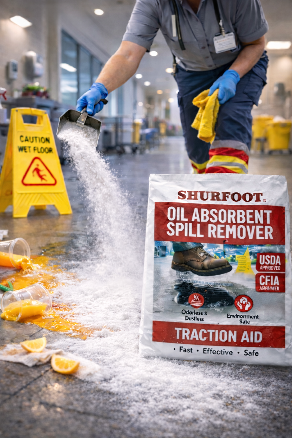 Person cleaning up a juice spill with Shurfoot Oil Absorbent Spill Remover in a warehouse setting.