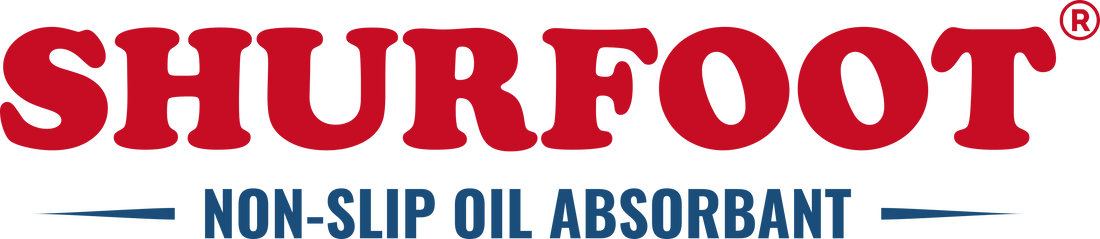 Shurfoot non-slip oil absorbant logo with red text on a white background