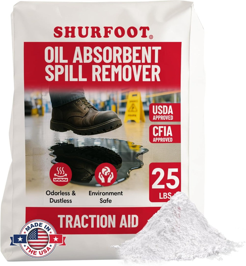 25lb Shurfoot oil absorbent spill remover packaging with text and images on a white background