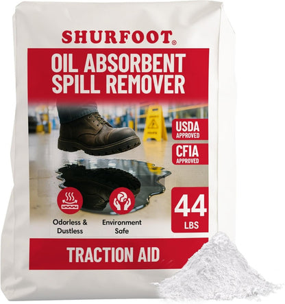 44lb Shurfoot oil absorbent spill remover packaging with a boot and spill on a white background