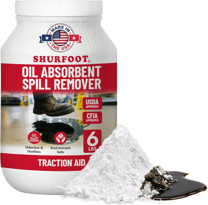 6lb Shurfoot oil absorbent spill remover packaging with text and images on a white background