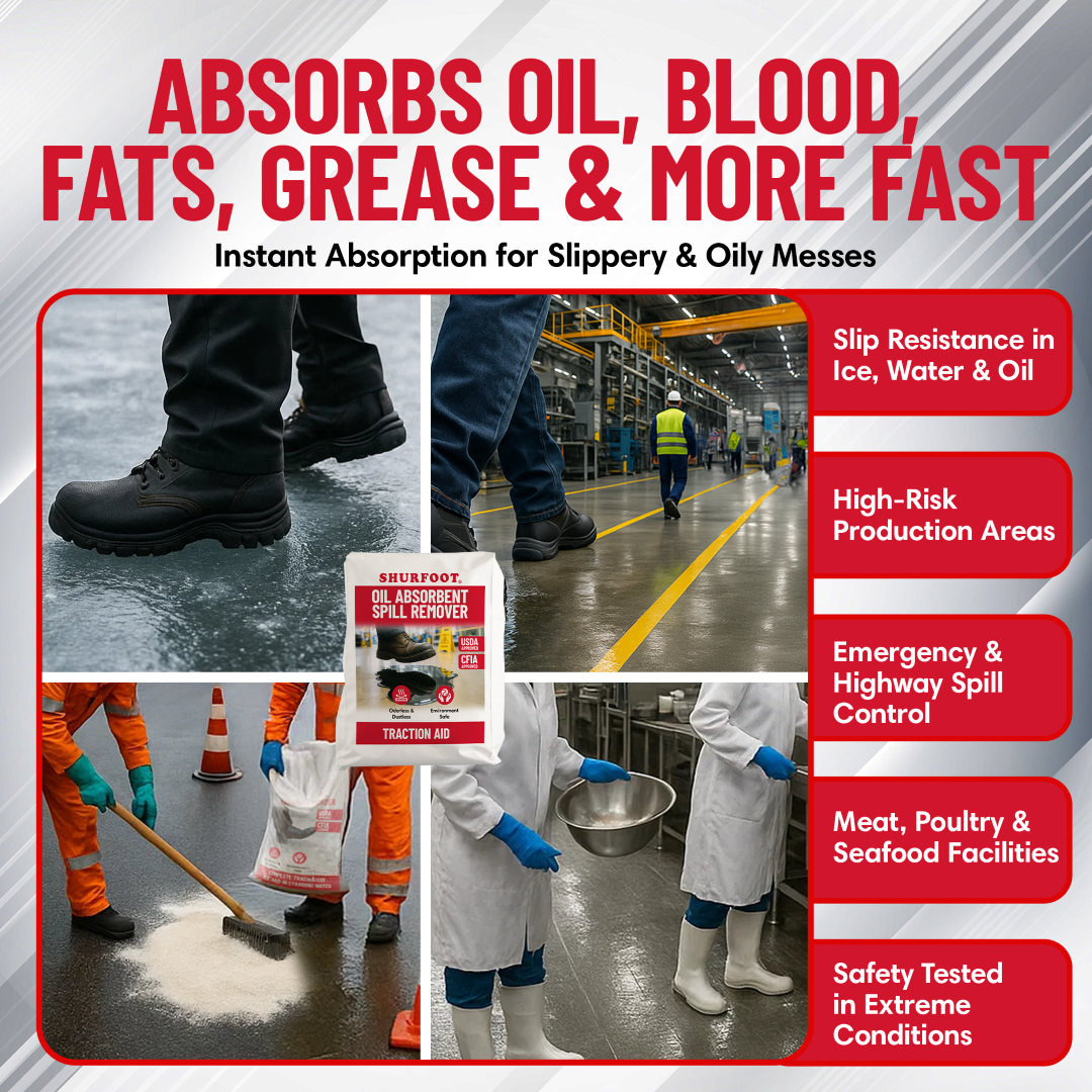 Promotional image for an oil absorbent spill remover with text and images of its use.