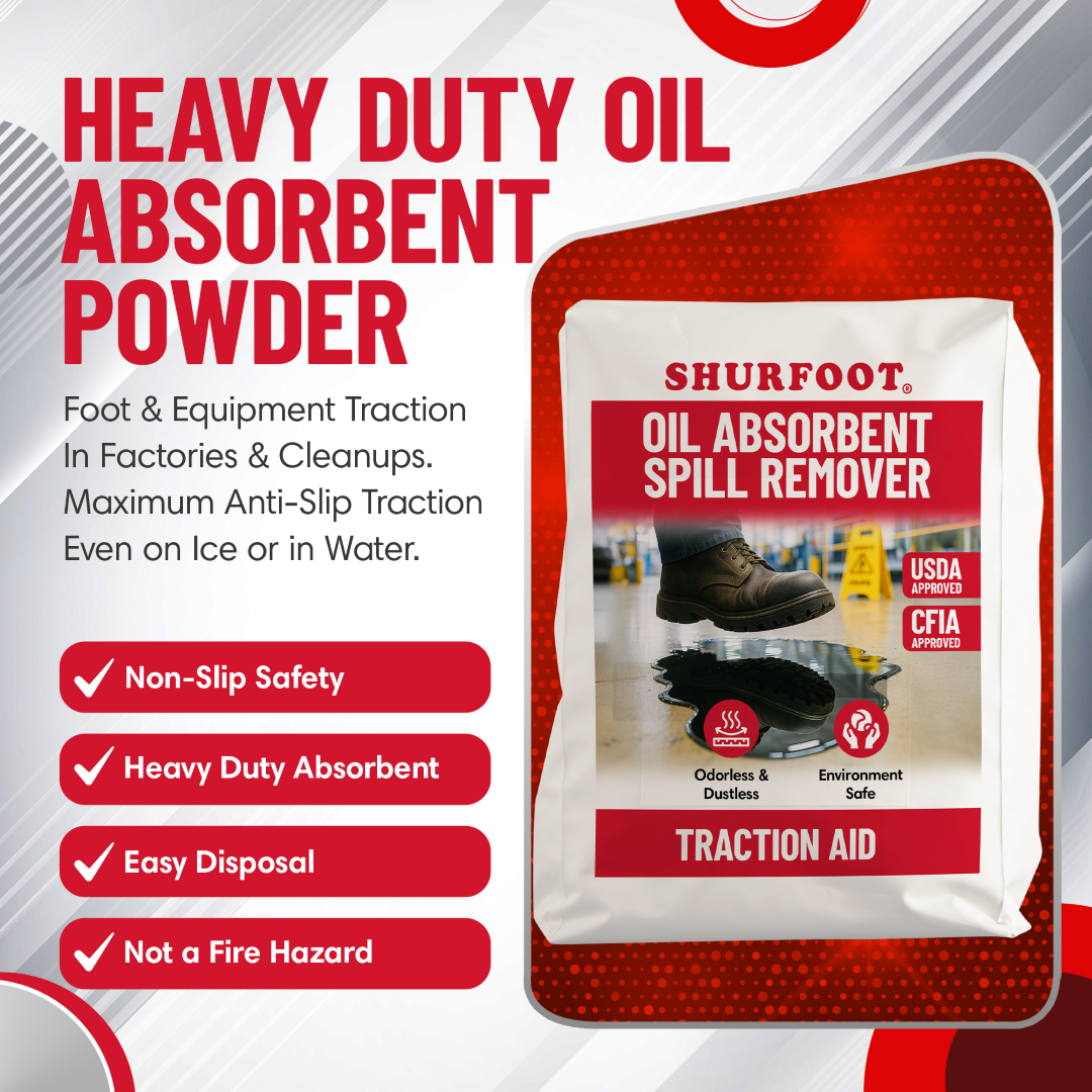 Shurfoot oil absorbent powder packaging with product details on a red and white background