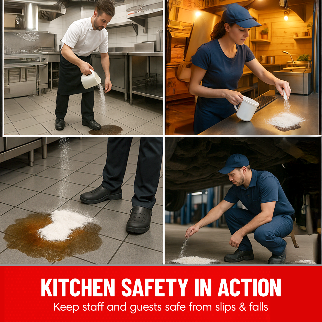 Collage of people using Surfoot absorbant powder to absorb liquid spills in a kitchen setting with text 'Kitchen Safety in Action'.