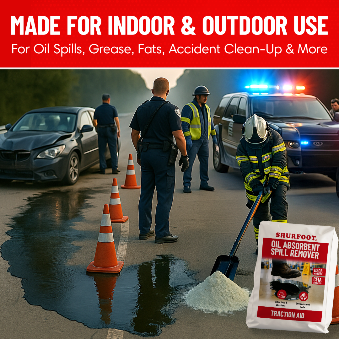 Scene of a car accident with police and firefighters, featuring Shurfoot oil absorbent spill remover.