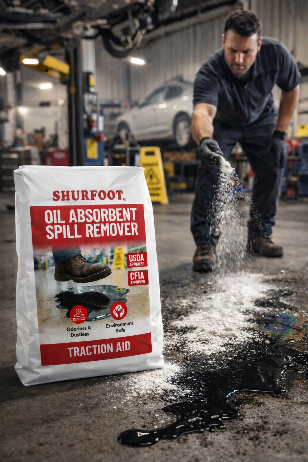 Person using Shurfoot oil absorbent spill remover in a garage setting