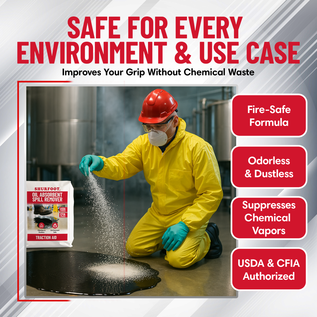 Person in safety gear using Surfoot oil absorbent powder with text highlighting features and certifications.