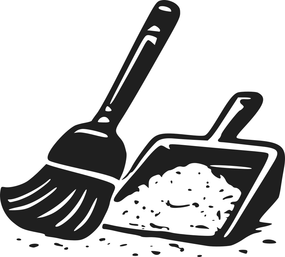 Black and white illustration of a dustpan and brush cleaning up the used Shurfoot powder